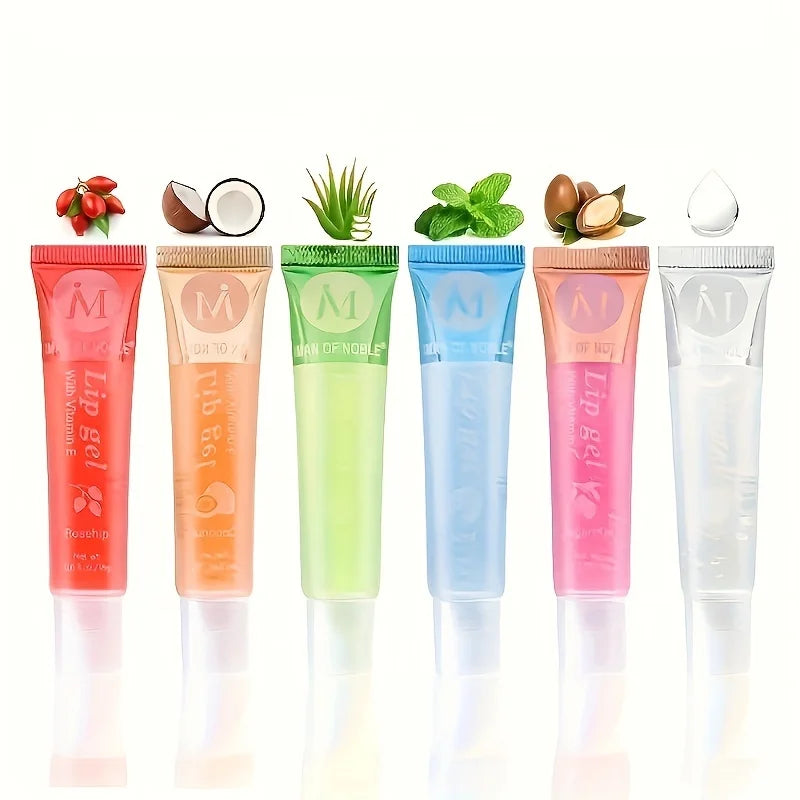 6Pcs/Set, Moisturizing Clear Lip Gloss, VE, Rosehip, Argan, Peppermintaloe, Coconut Flavor, Translucent Plumping Lip Oils Gift S